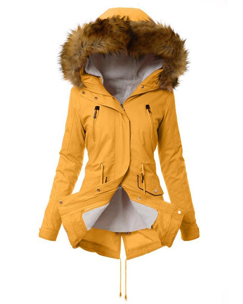 

Women' Parka Casual Winter Long Coat Drawstring Zipper Pocket Design Lined Hooded Faux Fur Collar Jacket, Yellow