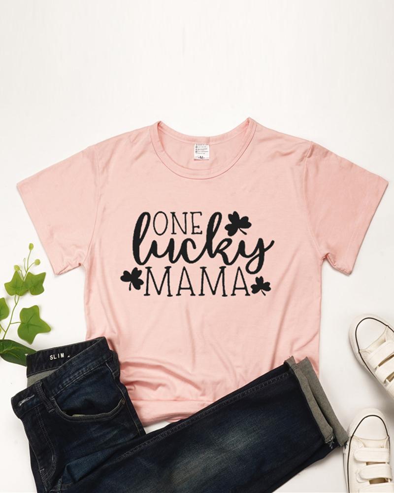 

St.Patrick' Day Letter Graphic Print Short Sleeve T-Shirt, Pink