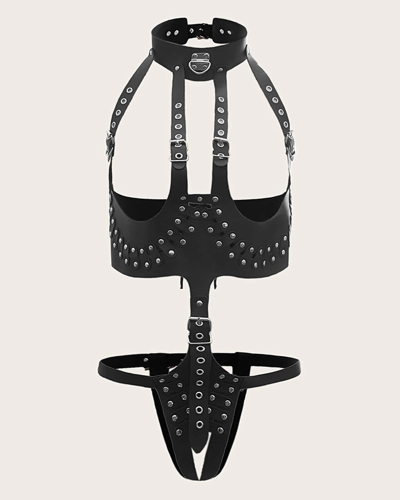 

Studded Cutout Eyelet Buckled Teddy, Black