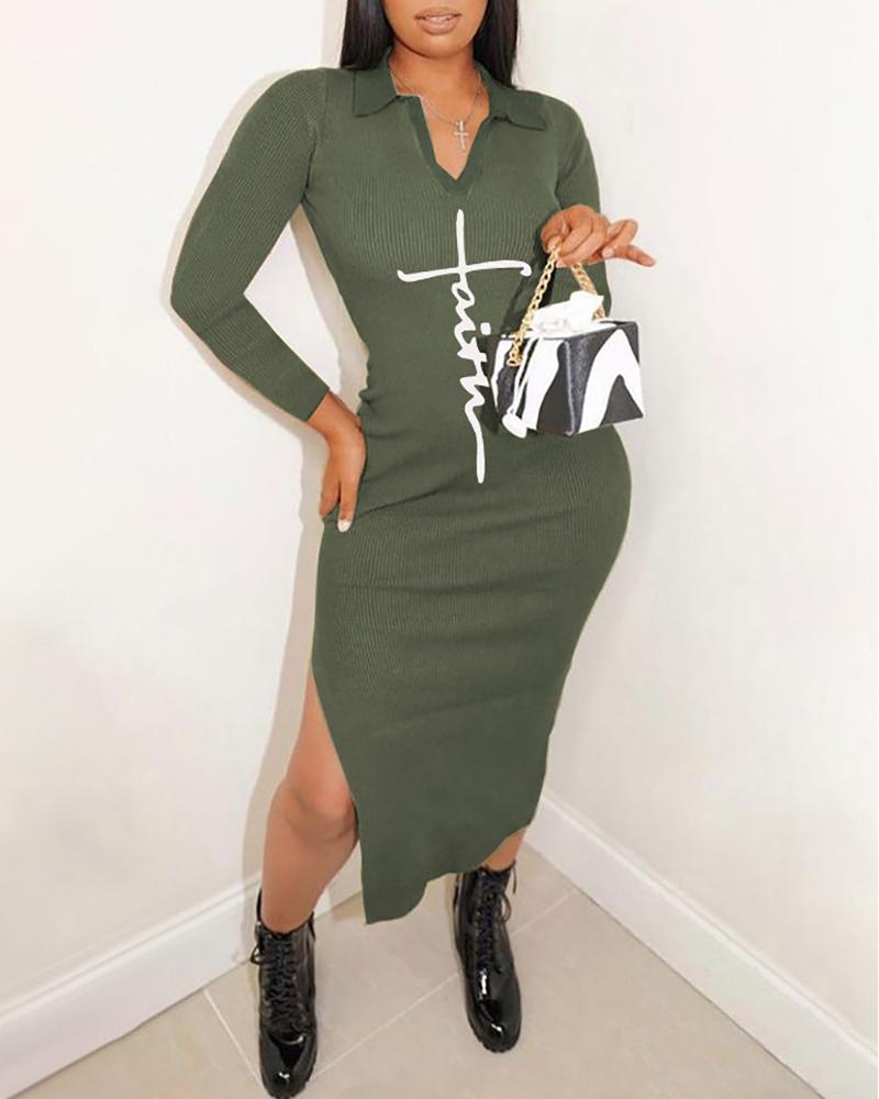 

Letter Print Long Sleeve High Slit Casual Dress, Green
