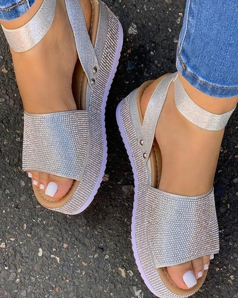 

Allover Print Ankle Strap Flat Sandals, Silver