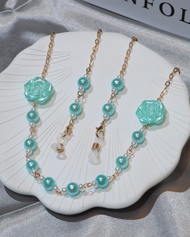 

Floral Pattern Beaded Sunglasses Chain Strap Holder Mask Lanyard Necklace Eyewear Retainer, Blue