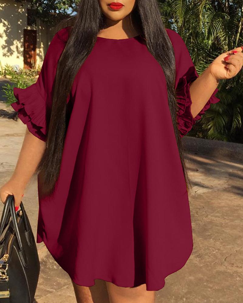

Plus Size Bell Sleeve Curved Hem Casual Dress, Wine red