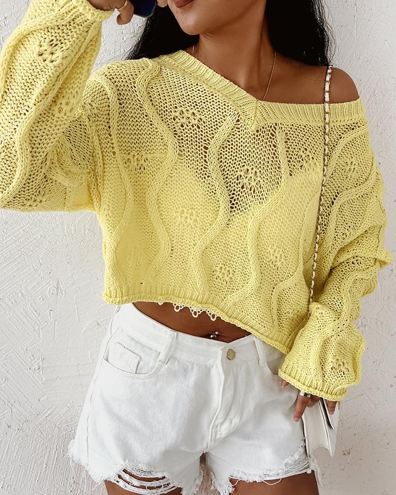 

Hollow Out V-Neck Knit Sweater, Yellow