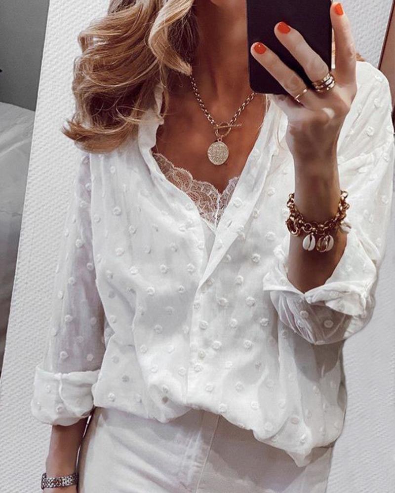 

Solid Color Polka Dot Long Sleeve Shirt, White