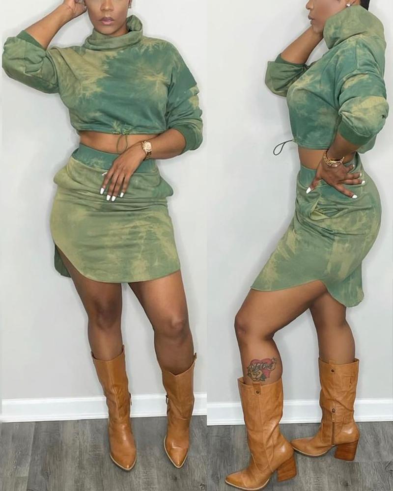 

Tie Dye Long Sleeve Drawstring Crop Top & Skirt Set, Green