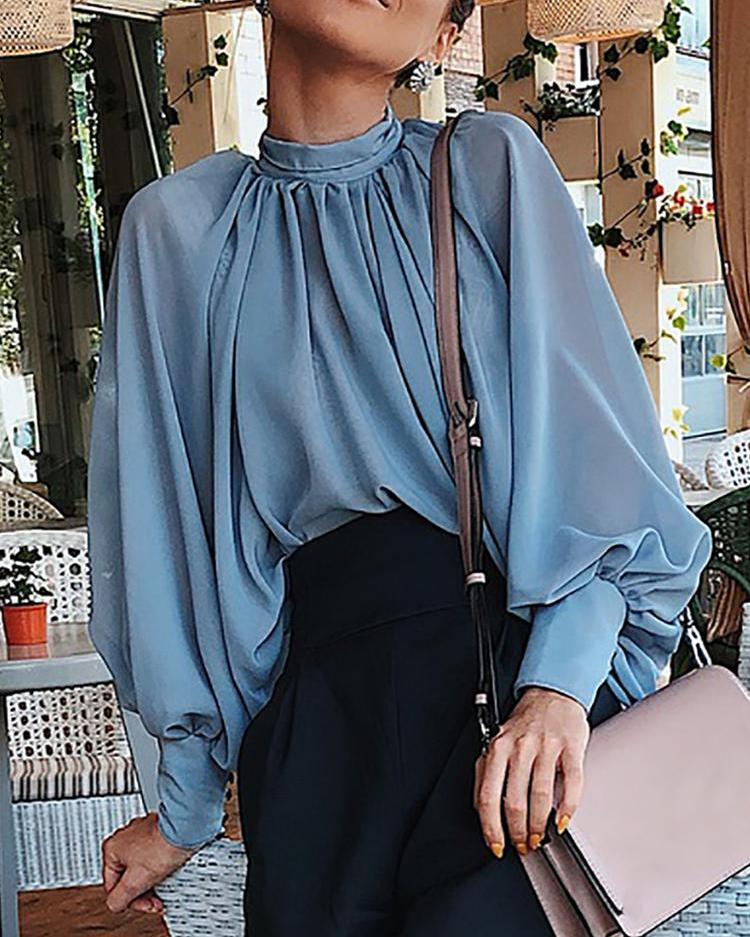 

Lantern Sleeve Wide Cuff Ruched Blouse, Sky blue