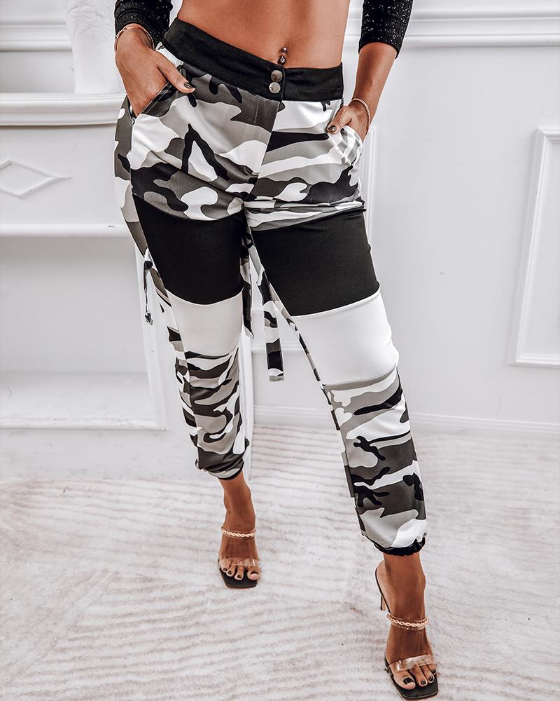 

Buttoned Camouflage Print Buckle Cargo Pants, Camoflage