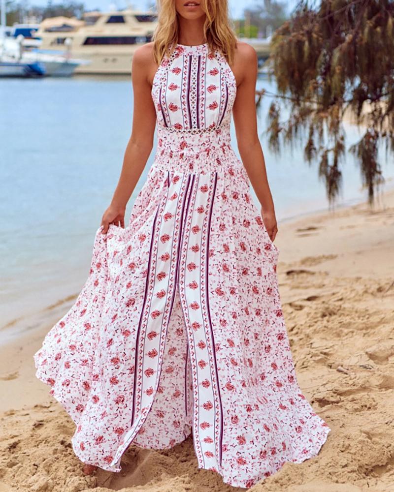 

Floral Print Sleeveless High Sllit Maxi Dress, Pink