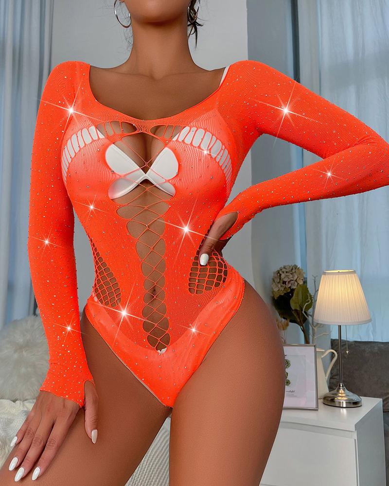 

Rhinestone Criss Cross Hollow Out Bodystockings Teddy, Orange