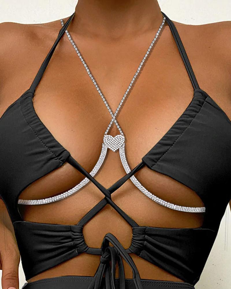 

Halter Rhinestone Decor Heart Pattern Bra Body Chain, Silver