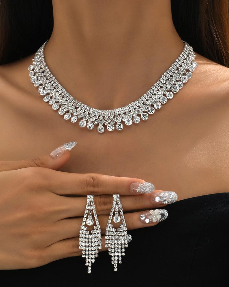 

2PCS Rhinestone Wide Choker & Tassel Drop Earrings Evening Party Wedding Jewelry Set, White