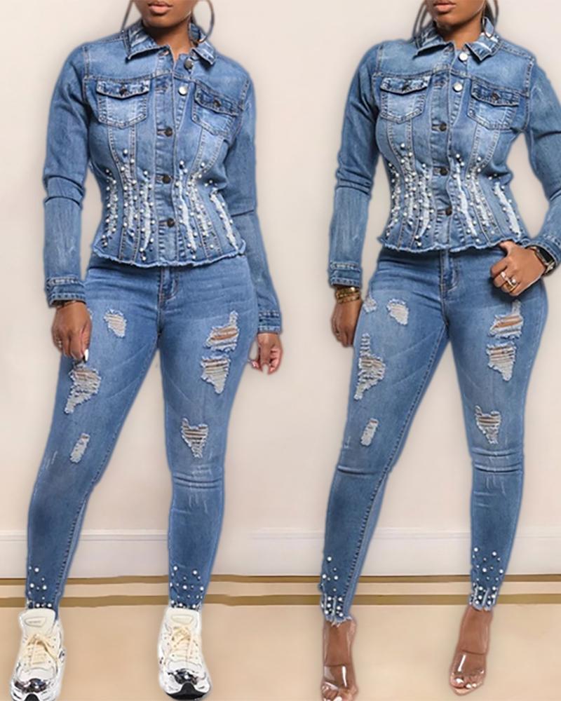 

Beaded Ripped Pocket Design Denim Coat, Blue