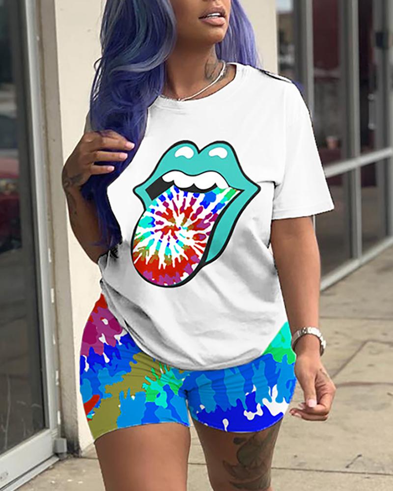 

Lip Tie Dye Print Short Sleeve Top & Colorblock Shorts Set, Blue