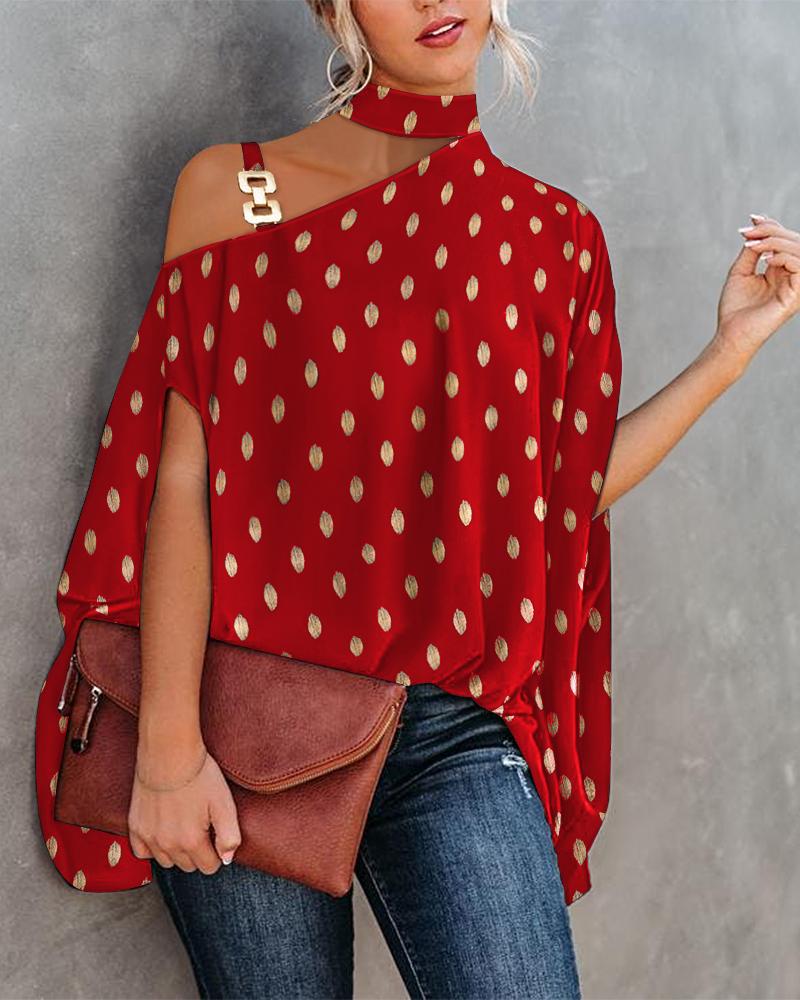 

Metallic Polka Dot Chain Strap Cold Shoulder Top, Red