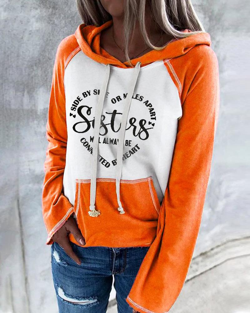 

Letter Print Colorblock Long Sleeve Hoodie, Orange