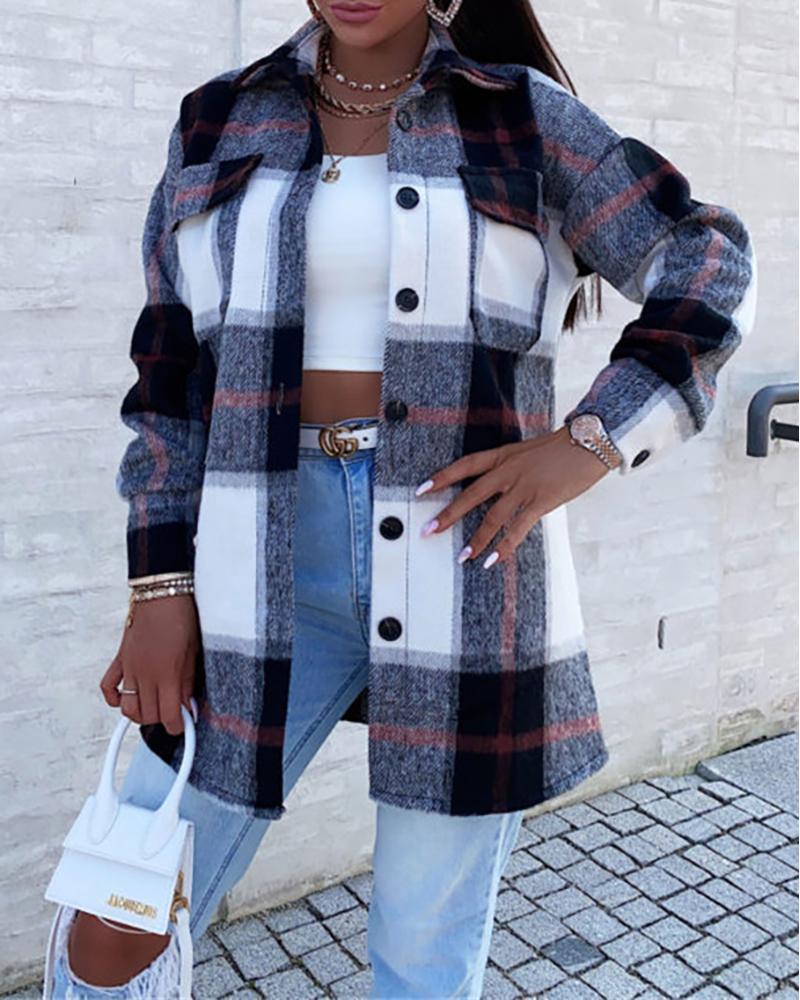 

Plaid Print Pocket Button Design Long Sleeve Shacket, Black