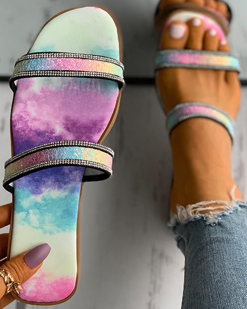 

Tie Dye Print Colorful Studded Slippers, Black