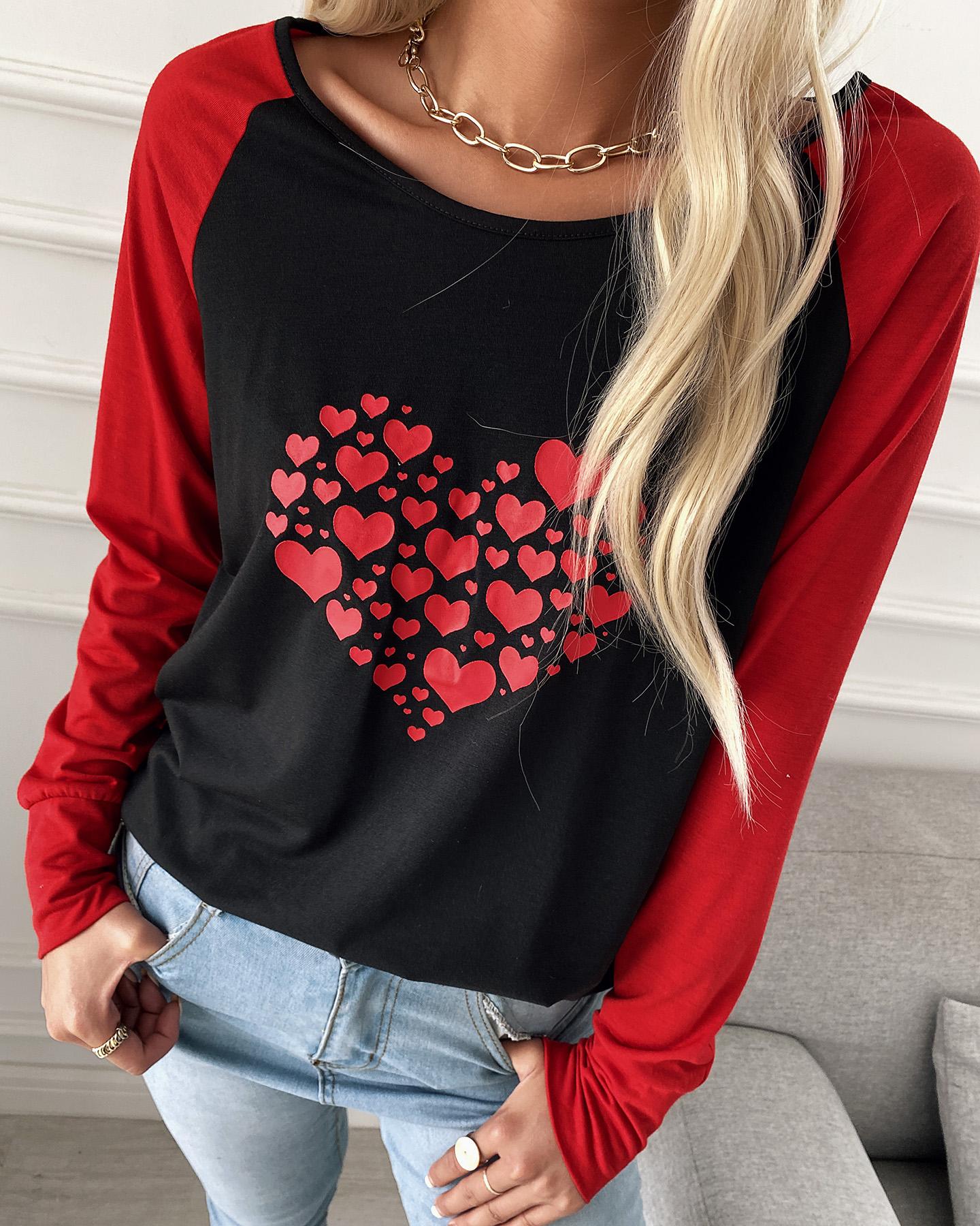 

Colorblock Heart Print Long Sleeve Casual Top, Red
