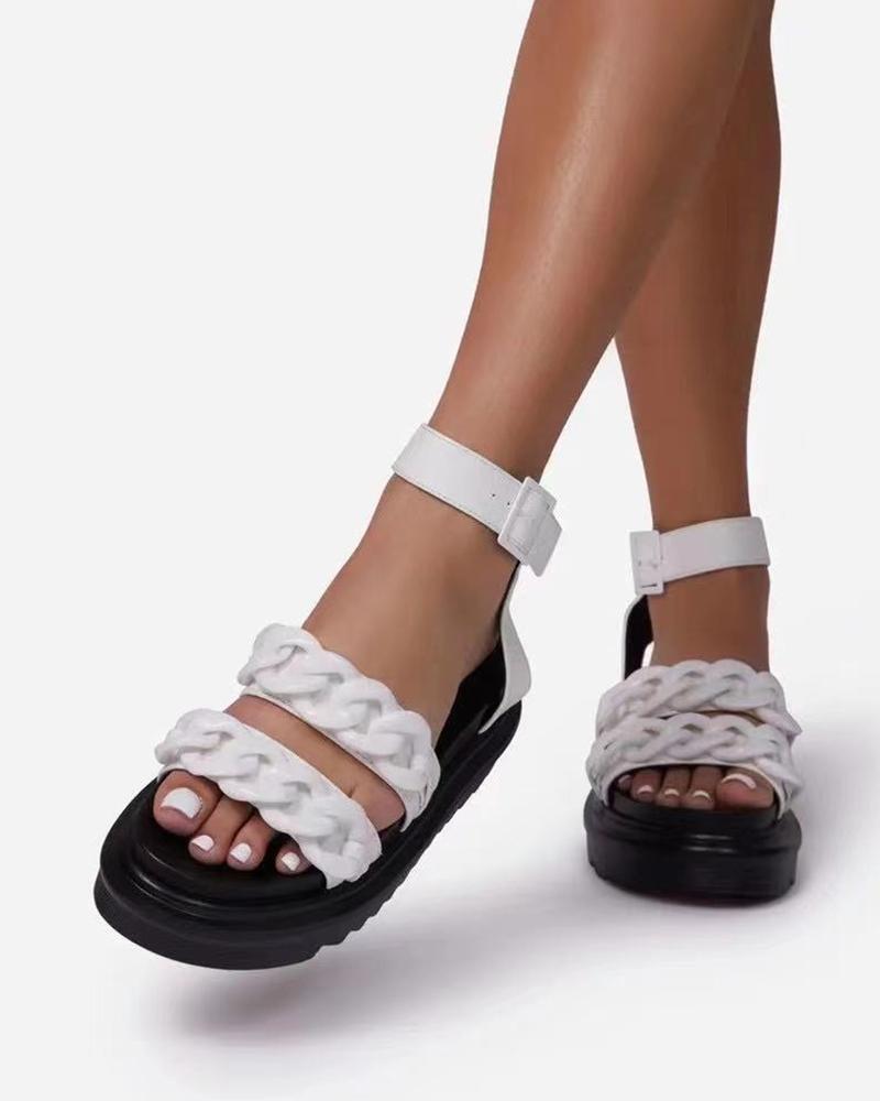 

Round-toe Solid Color Splicing Chain Platform Sandals, White