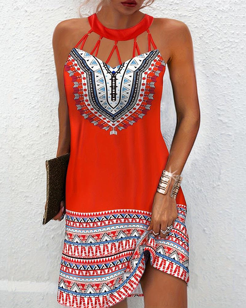 

Tribal Print Hollow Out Sleeveless Casual Dress, Red