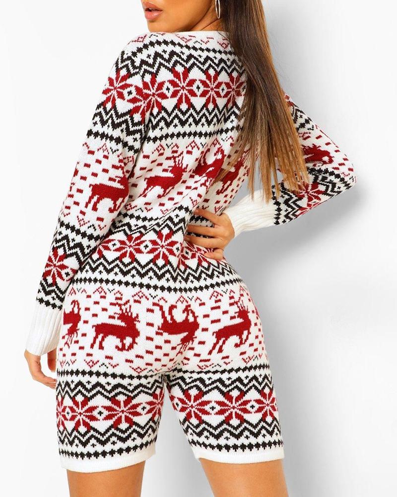 

Christmas Long Sleeve Snowflake Deer Print Knit Romper, White