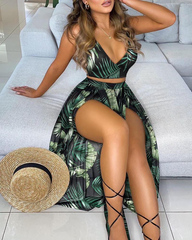 

Two Piece Sets Sleeveless Sling V-neck Tropical Print Crop Top & High Slit Maxi Skirt Set, Green