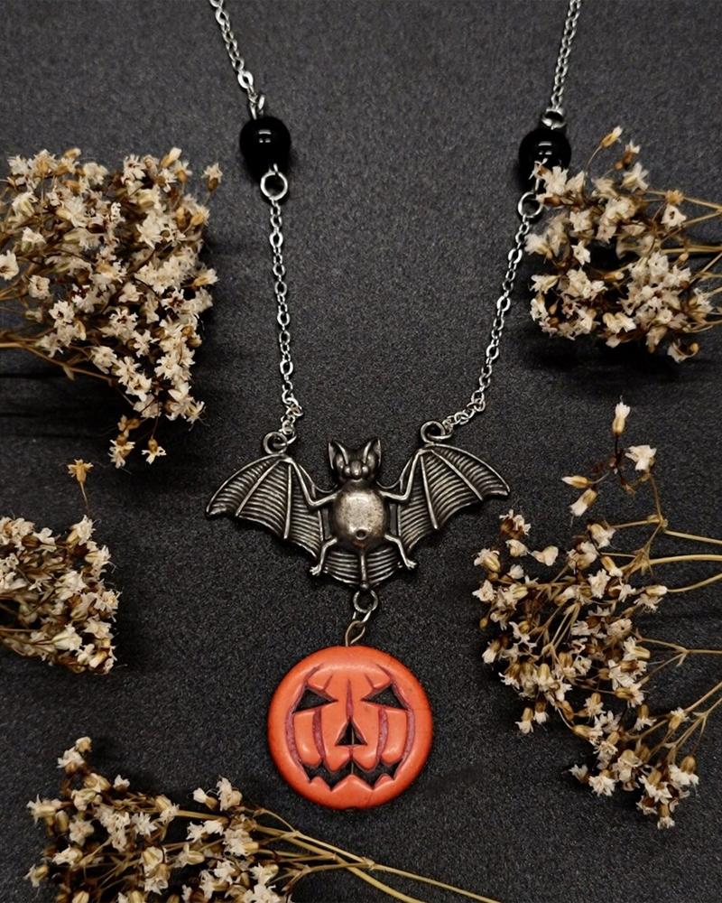 

1pc Halloween Gothic Pumpkin Bat Pendant Necklace, Orange