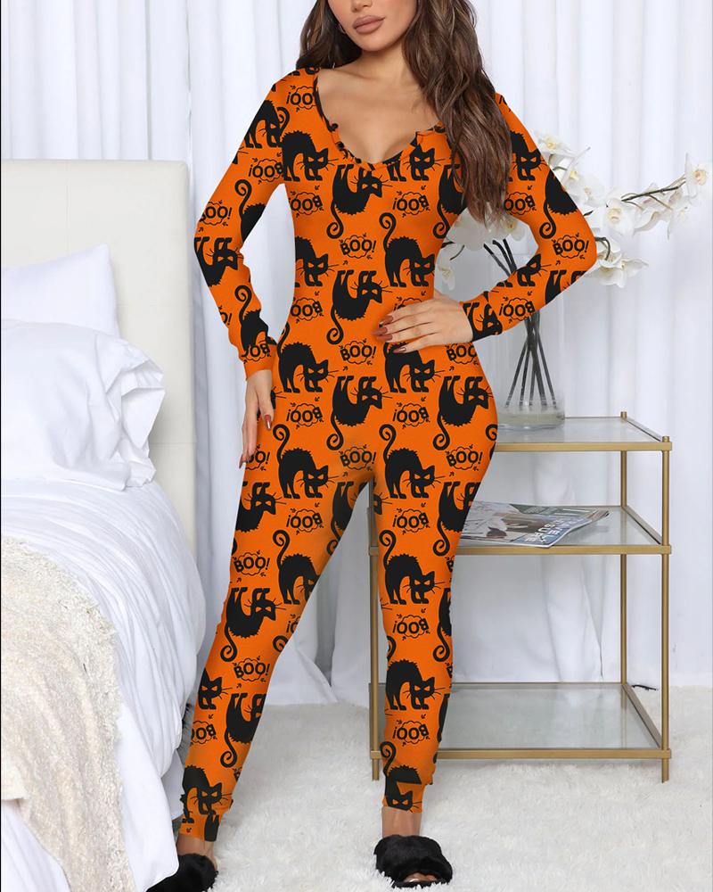 

Halloween Cat Letter Print Notch Neck Sleep Onesie, Orange