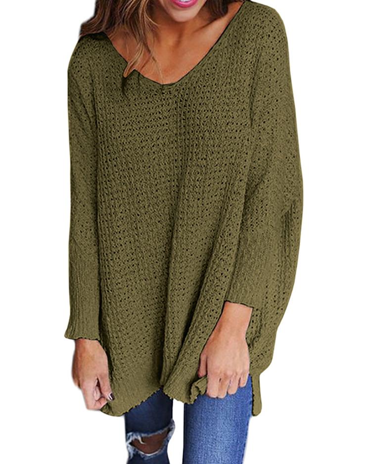 

Long Sleeve V Neck Loose Sweater, Green