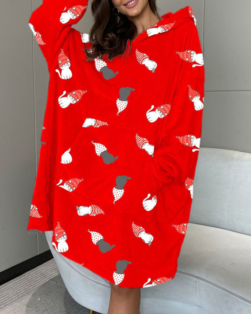 

Cartoon Print Lantern Sleeve Hooded Sleep Dress, Red