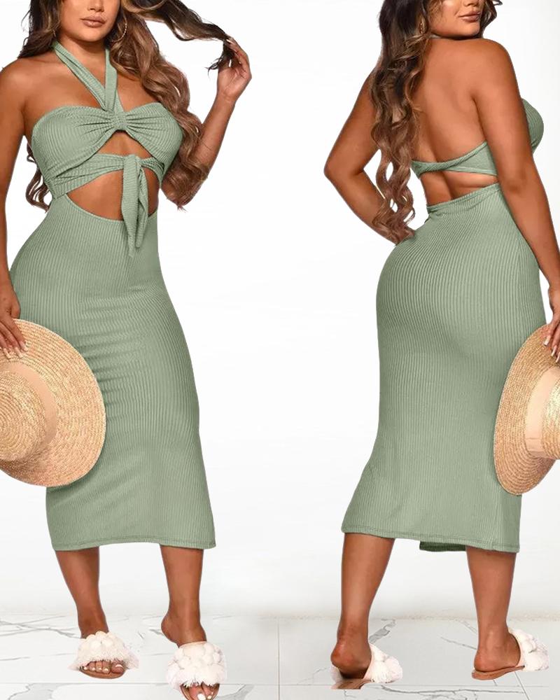 

Solid Color Backless Cut-out Halter Sleeveless Knitted Maxi Dress, Green