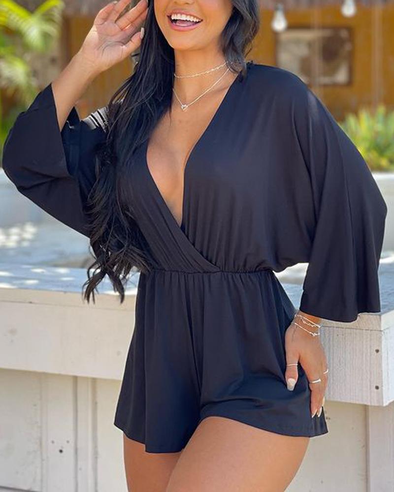 

Plain Surplice Neck Casual Romper, Black