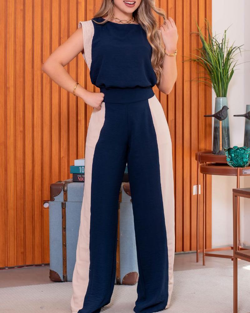 

Colorblock Round Neck Top & Wide Leg Pants Set, Purplish blue
