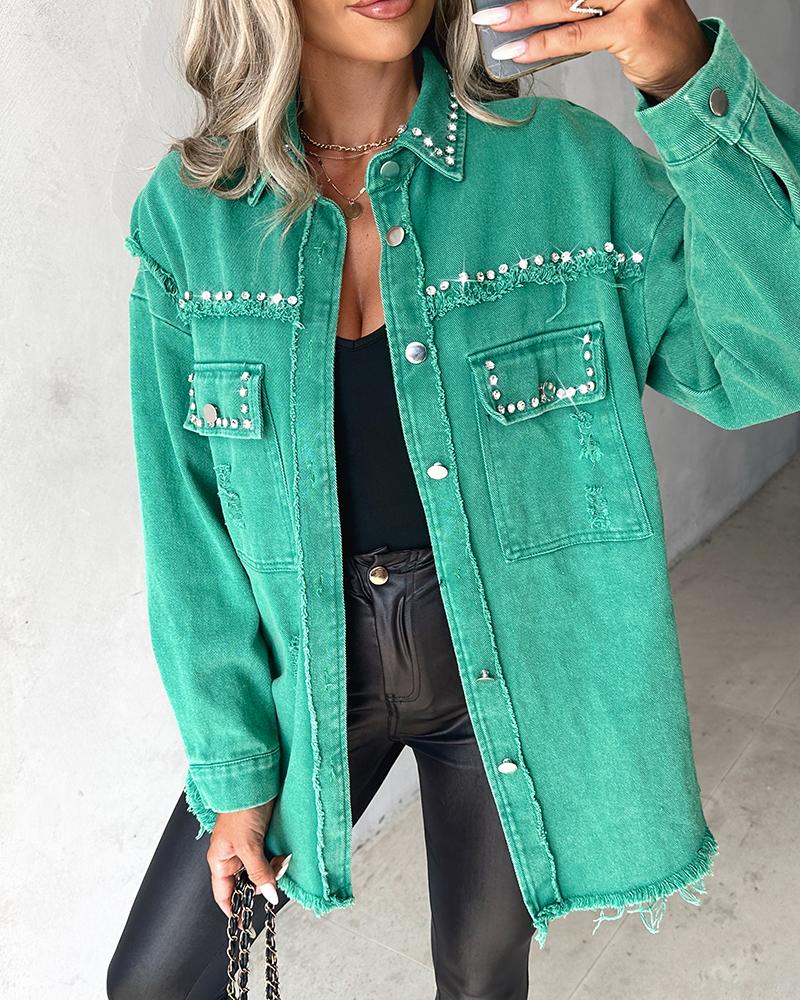 

Studded Rhinestone Raw Hem Denim Jacket, Green
