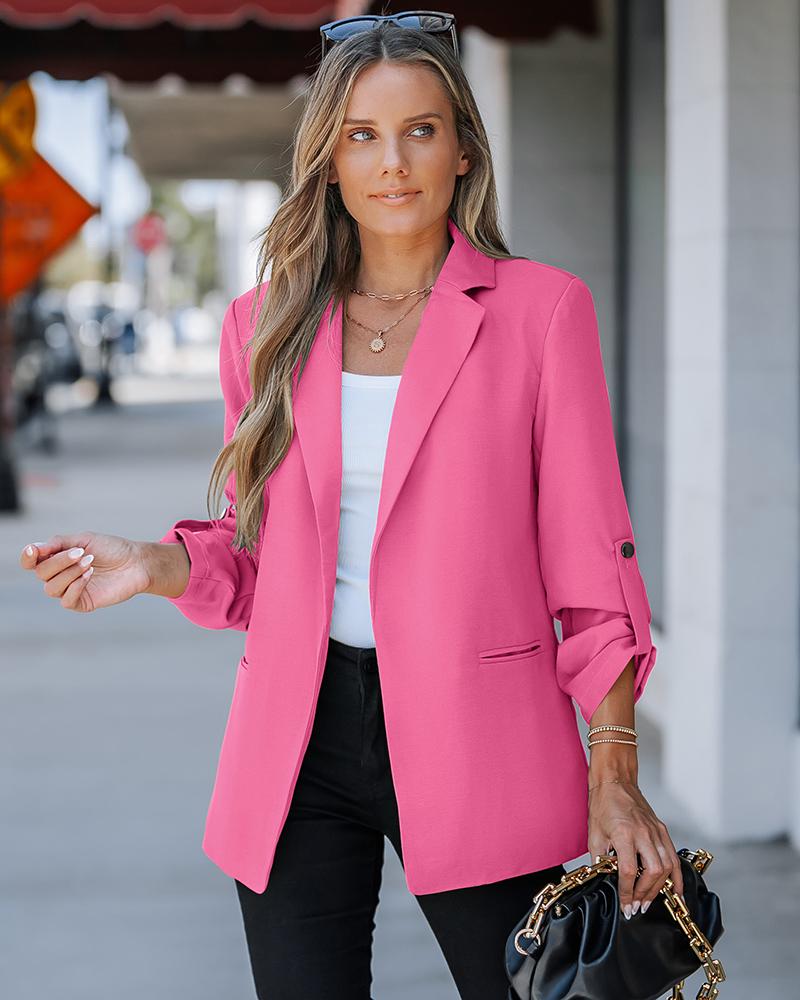 

Blazer com gola entalhada e manga enrolada, Pink