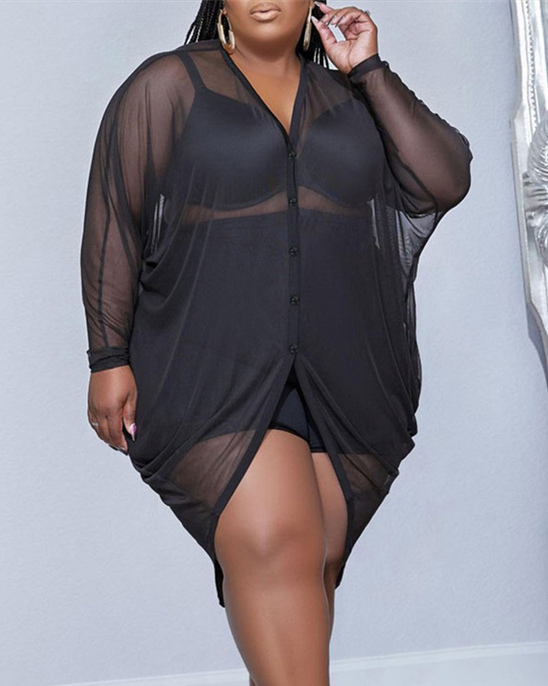 

Plus Size Button Front Long Sleeve Sheer Mesh Dress, Black