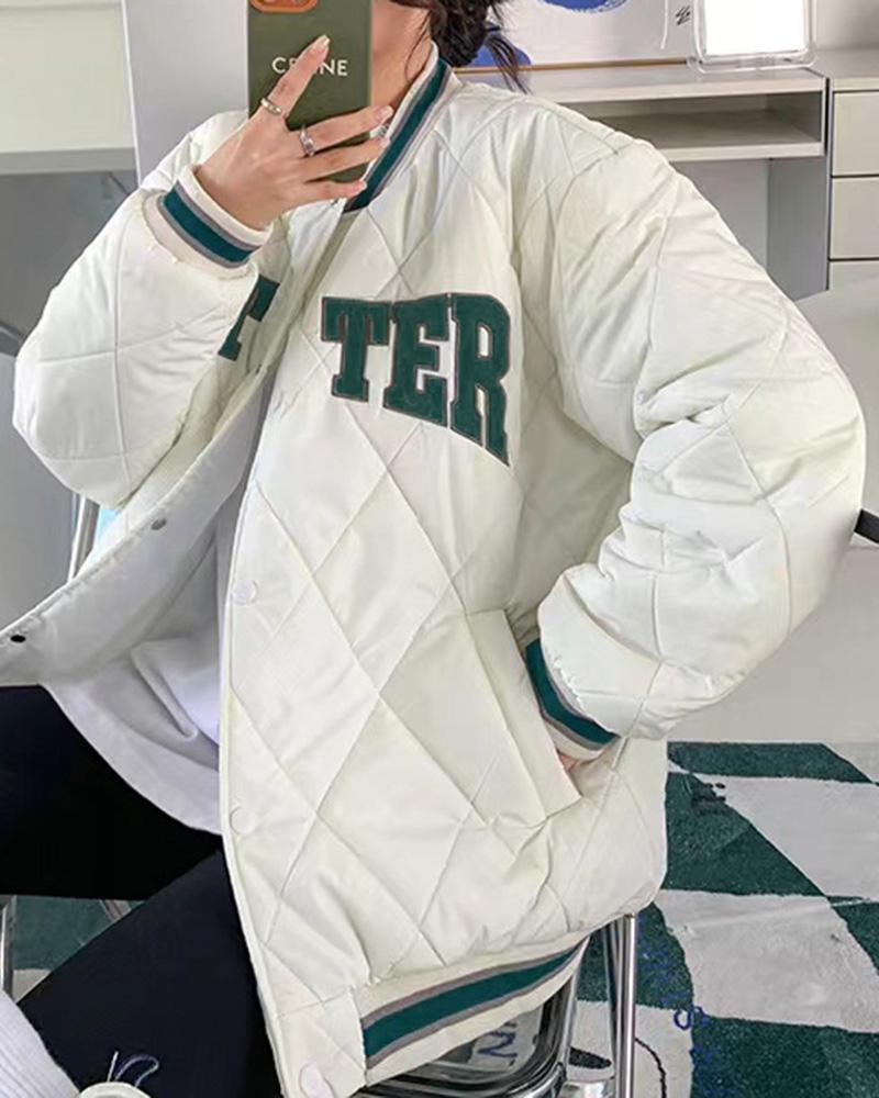 

Argyle Quilted Buttoned Puffer Baseball Coat, White