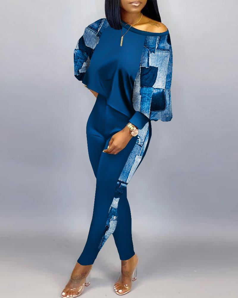 

Denim Look Print Long Sleeve Casual Top & Pants Set, Blue