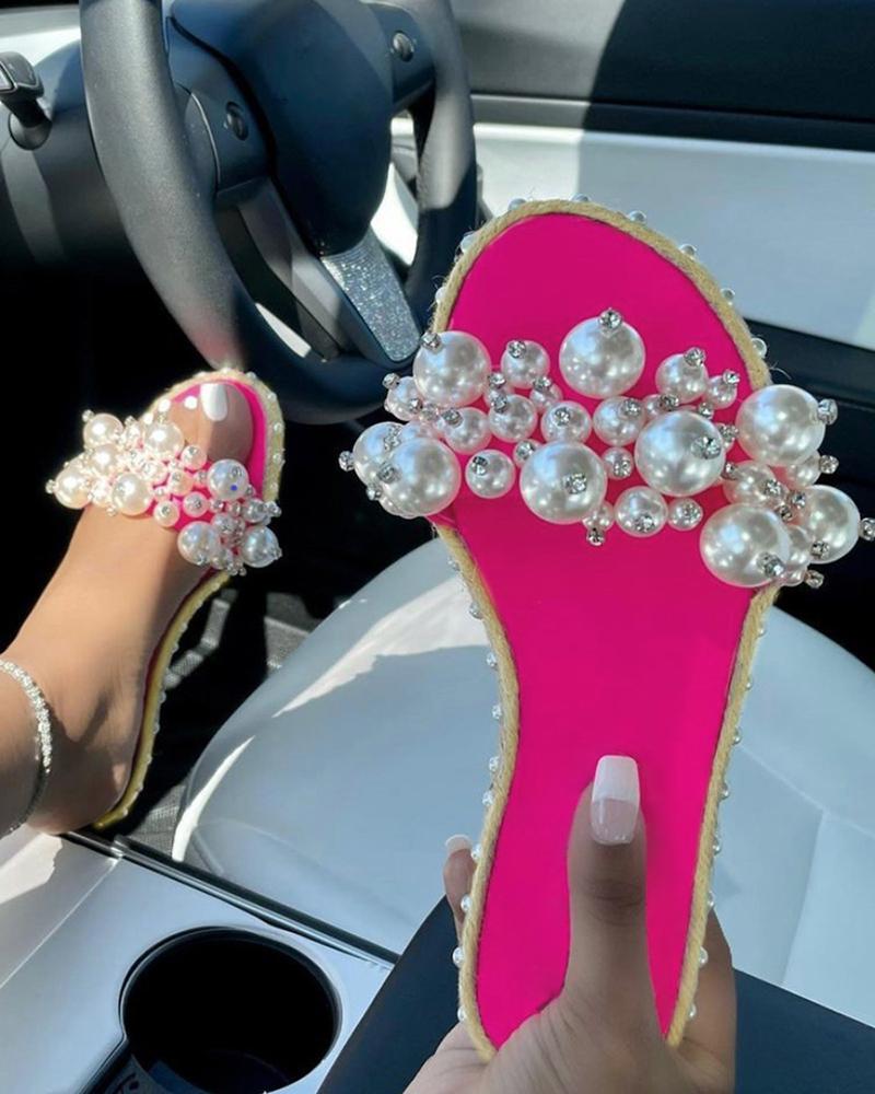 

Beaded Rhinestone Decor Open Toe Slippers, Hot pink