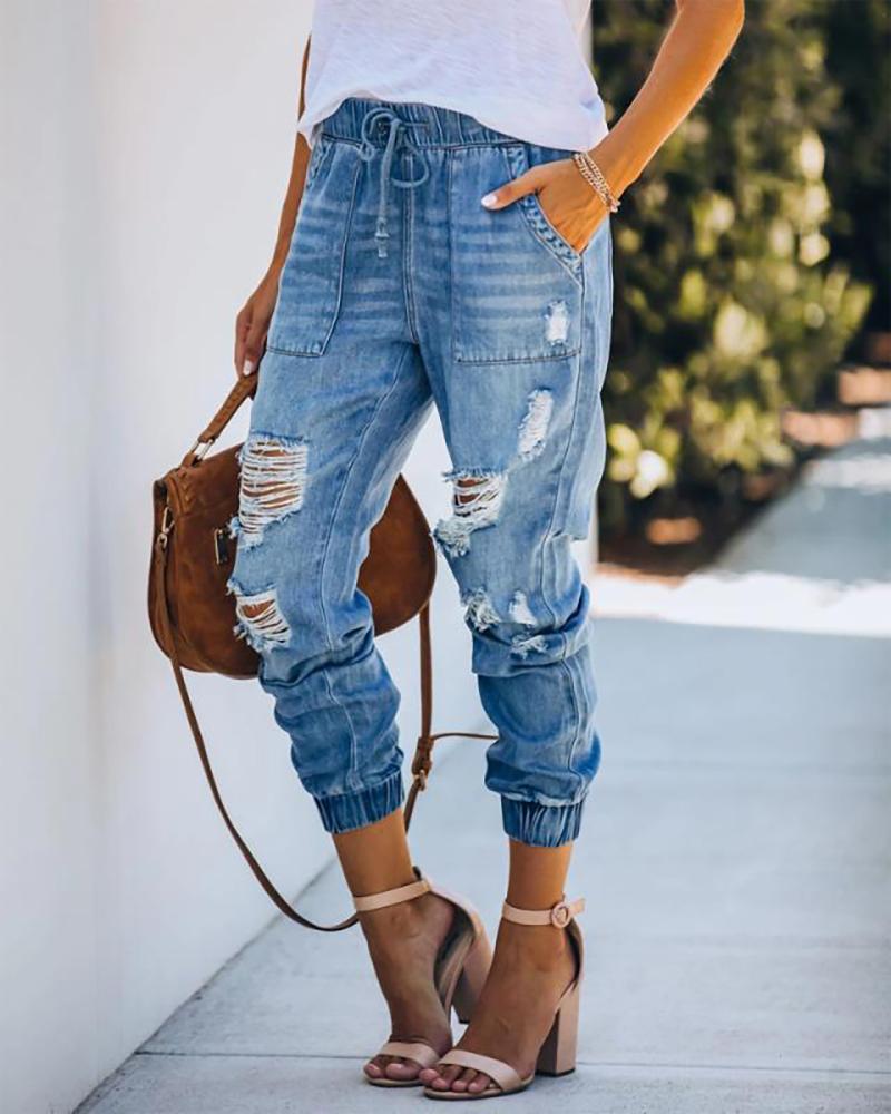 

Cutout Ripped Pocket Design Jeans, Lighted blue