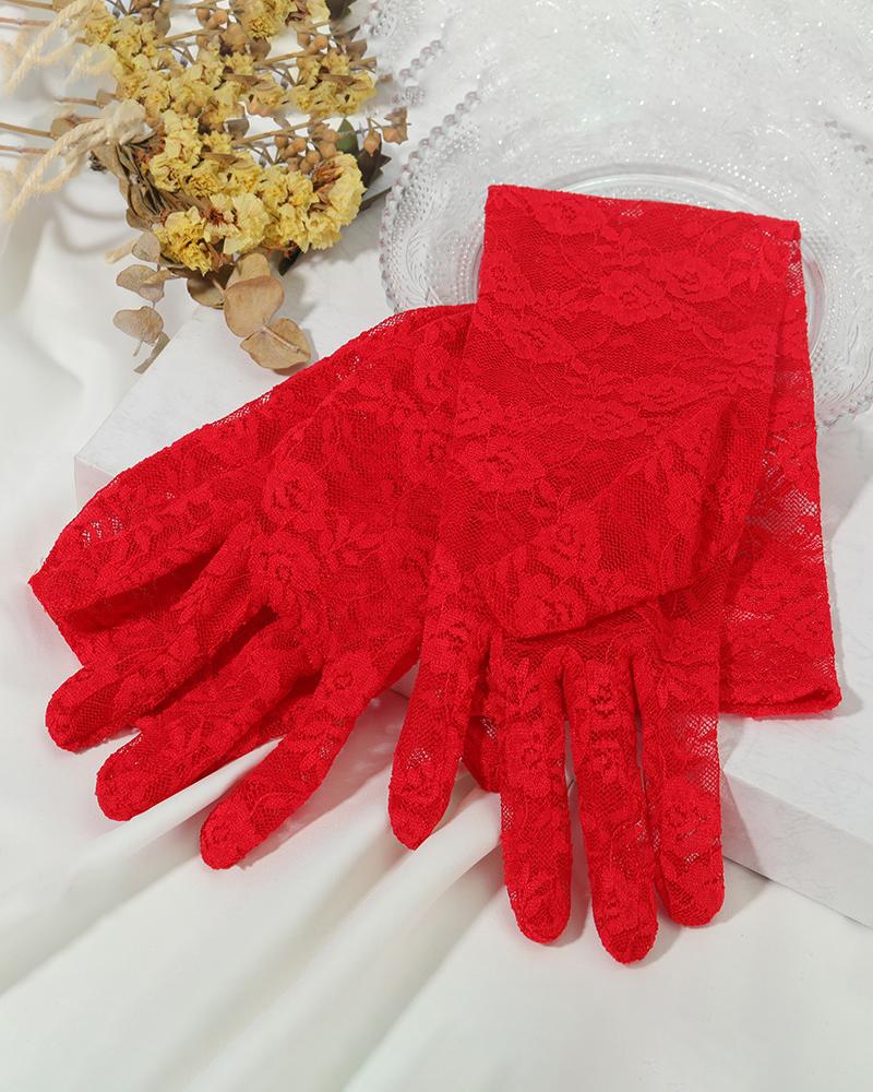 

Floral Pattern Corchet Lace Gloves, Red