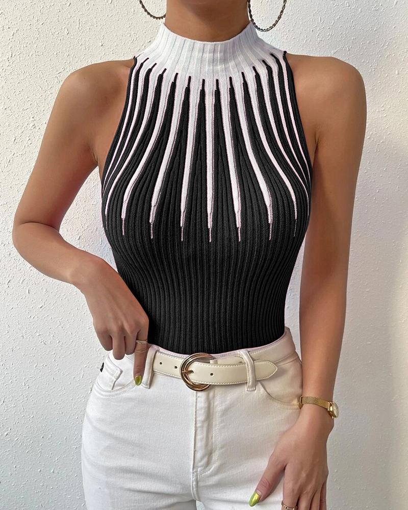 

Abstract Pattern Mock Neck Tank Top, Black