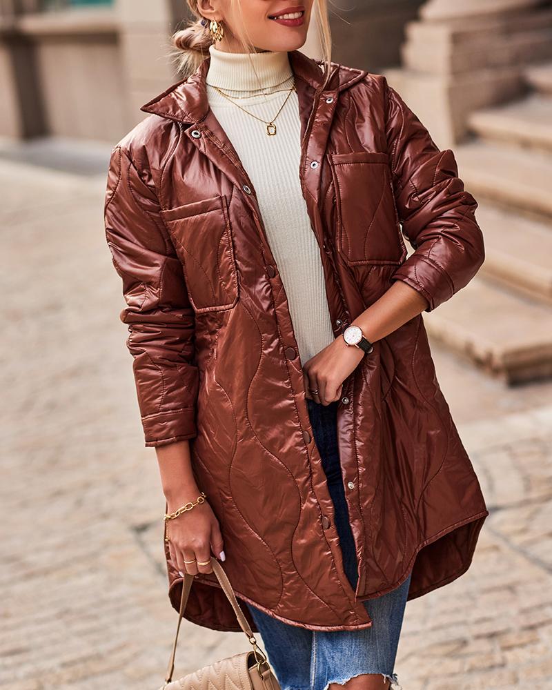 

Long Sleeve Patch Pocket Snap Button Puffer Coat, Coffee