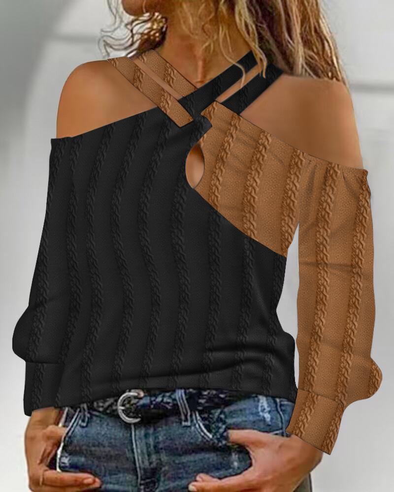 

Colorblock Crisscross Cold Shoulder Textured Top, Coffee