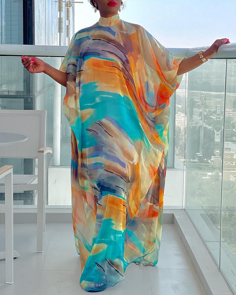 

Sheer Mesh Abstract Print Batwing Sleeve Swing Dress, Multicolor
