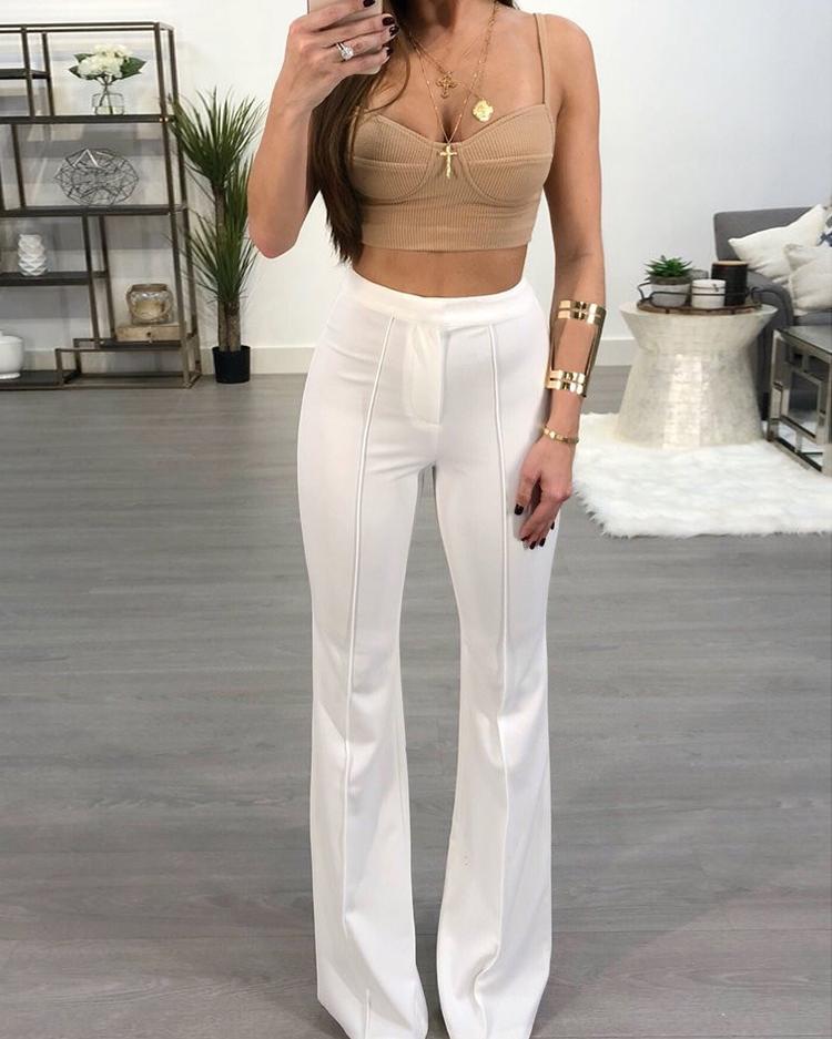 

Solid Color High Waist Wide Leg Pants - White