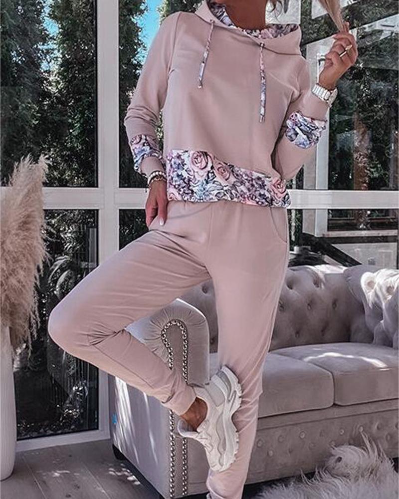 

Floral Print Hoodie & Cuffed Sweatpants Set, Pink