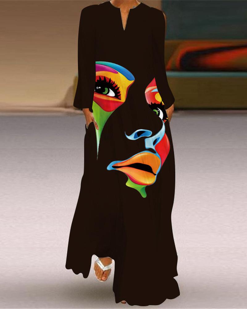 

Figure Print Long Sleeve Maxi Dress, Black