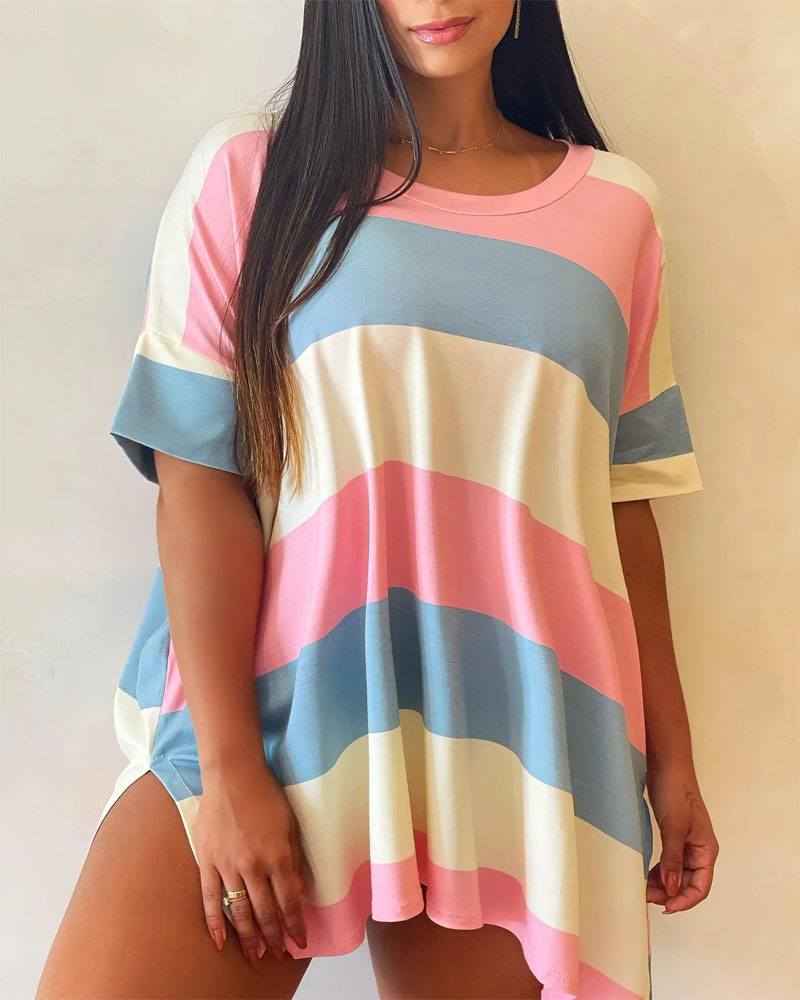 

Colorblock Striped Print Slit Hem Casual T-shirt, Multicolor